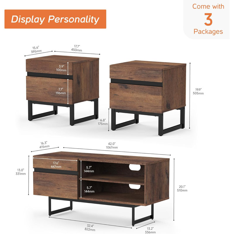 Ensemble de table de salon moderne 3 pièces, meuble télé de 42 pouces avec armoire de rangement et table de bout avec 2 tiroirs pour le salon, le centre de divertissement et la console