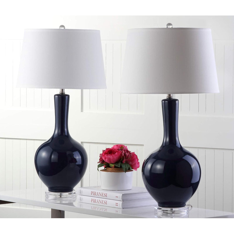 Blanche Navy Ceramic Table Lamp Set with White Cotton Shade