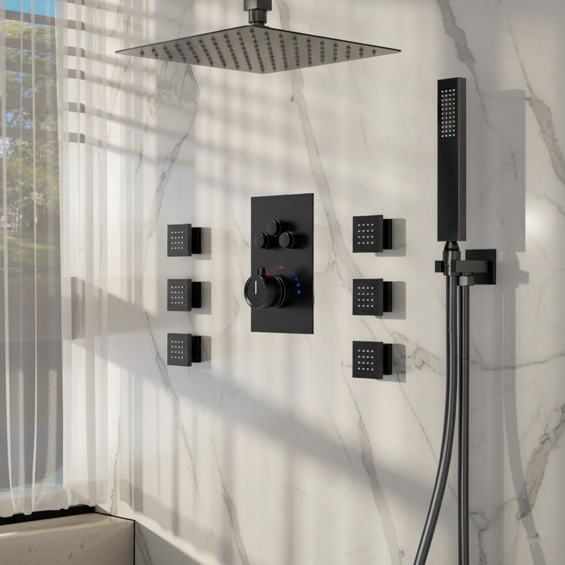 Ceiling Mounted Thermostatic Shower System , High Pressure Rainfall Shower Faucet with Handheld Shower, Matte Black