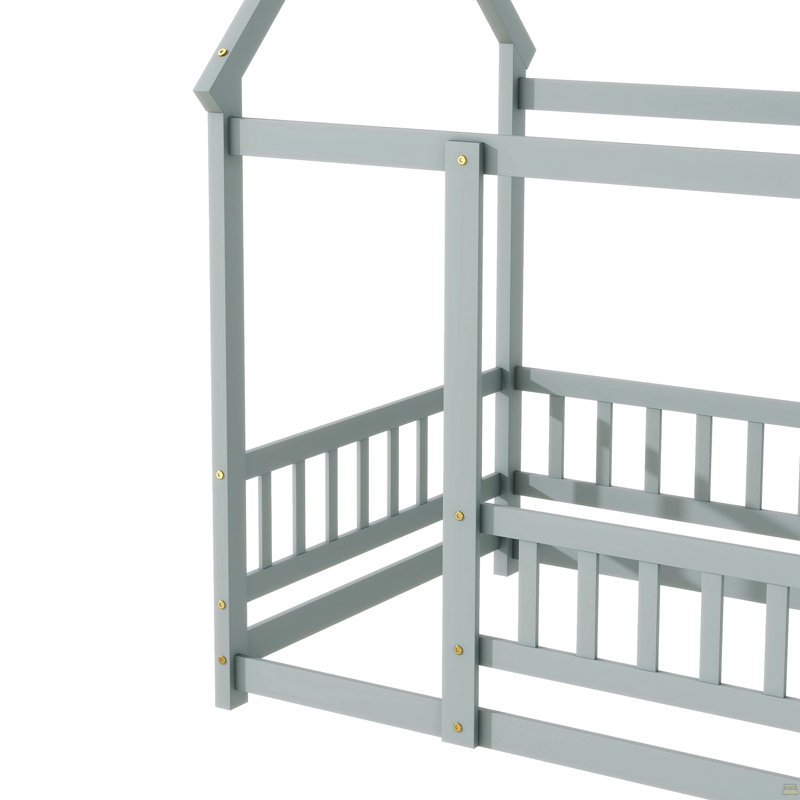 Lit en bois pour lit simple avec structure de toit, garde-corps de sécurité, Gris, Lit simple