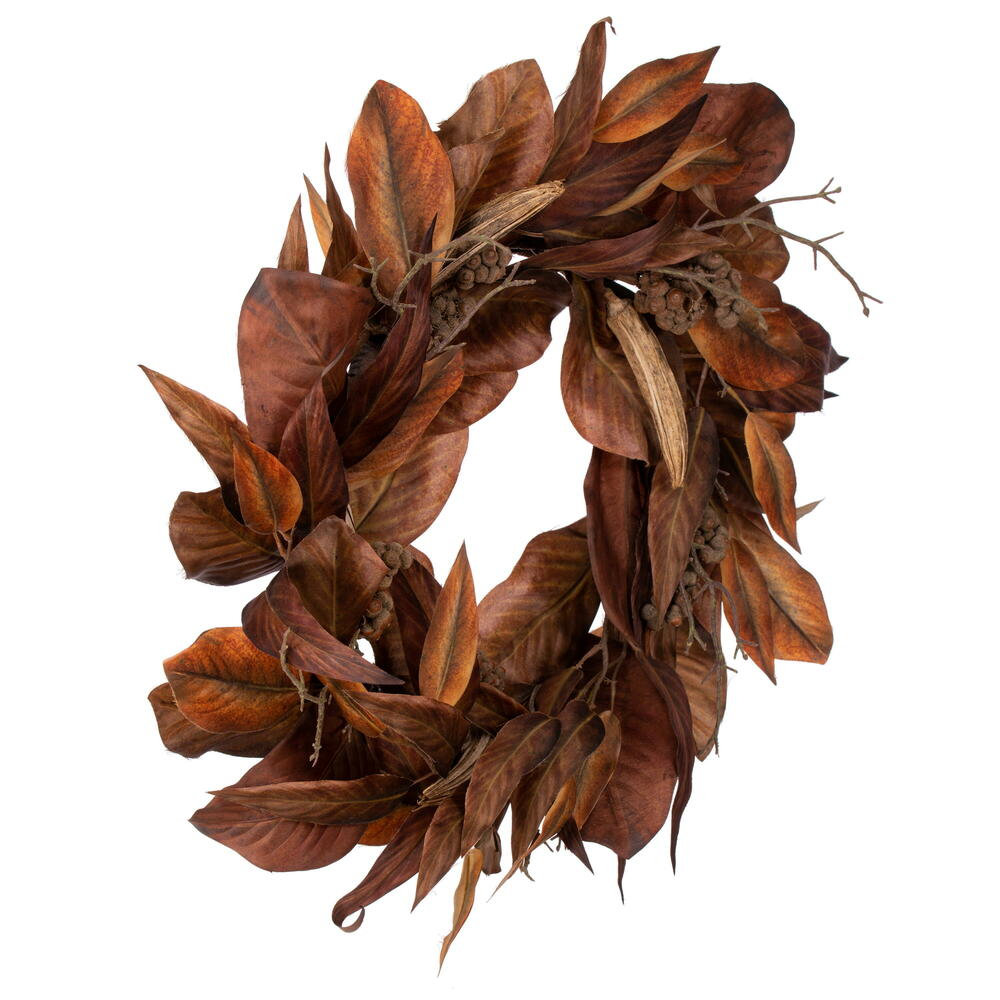 24" Brown Magnolia Leaf Wreath. It measures 24 by 12 inches.