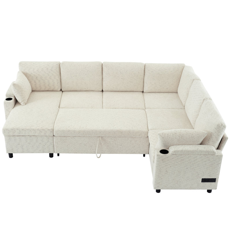 109.9" Sectional Sofa Versatile Sofa Bed Sofa Sleeper U-Shaped Sofa With Ample Storage Space, Beige Chenille
