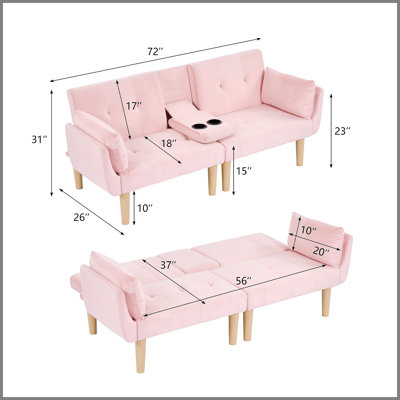Canapé double pliable rose de 183 cm (72 pouces), revêtement en velours doux, canapé confortable pour 2 personnes, idéal pour le salon ou un appartement.
