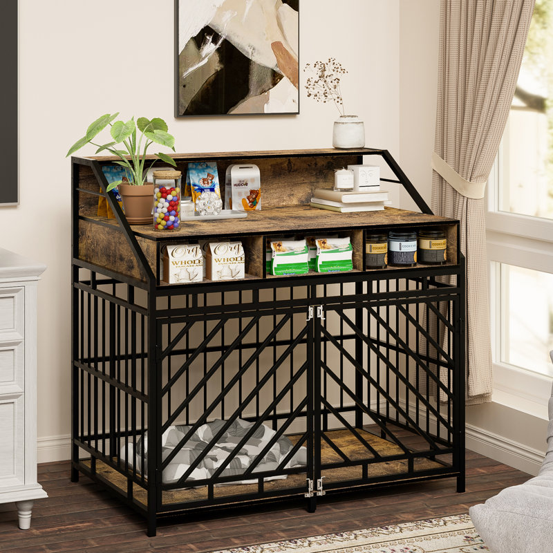Meuble pour chien de 43,3 pouces pour chiens de grande taille, cage pour chien en bois avec cloison, chenil pour chien à double porte avec trois tiroirs de rangement, maisonnette décorative robuste pour grands chiens de taille moyenne, brun rustique