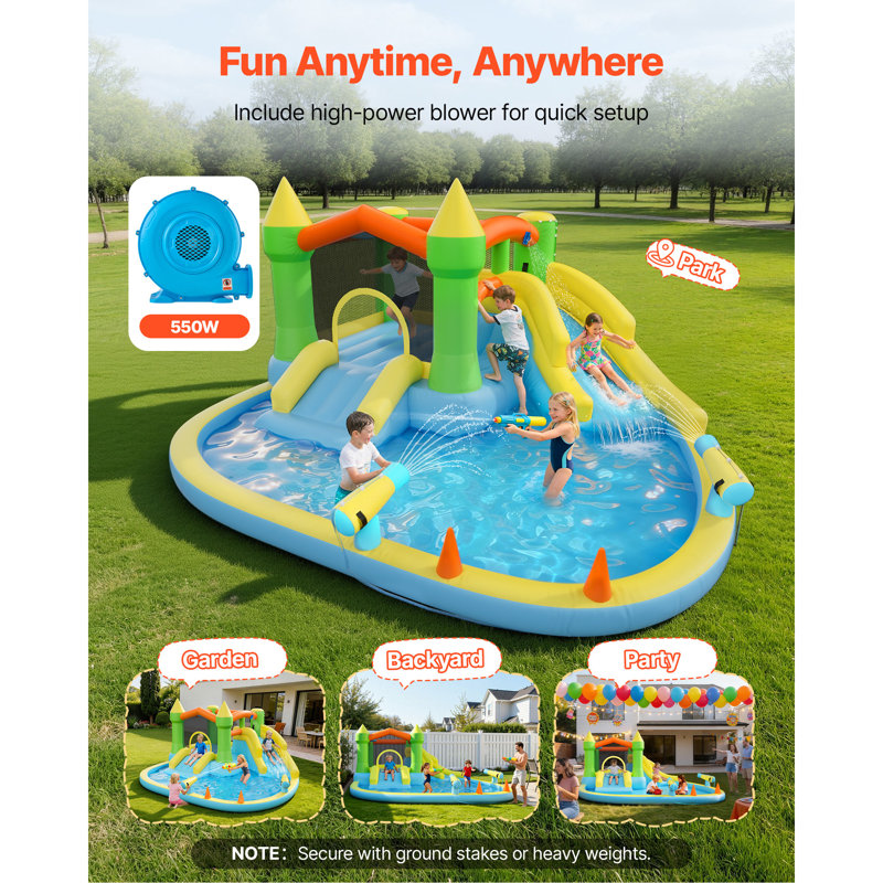 Château gonflable de 3,8 x 4 x 2 m avec glissade d'eau, conçu pour 3 à 4 enfants de 3 à 8 ans, avec structure gonflable et panier de basket.