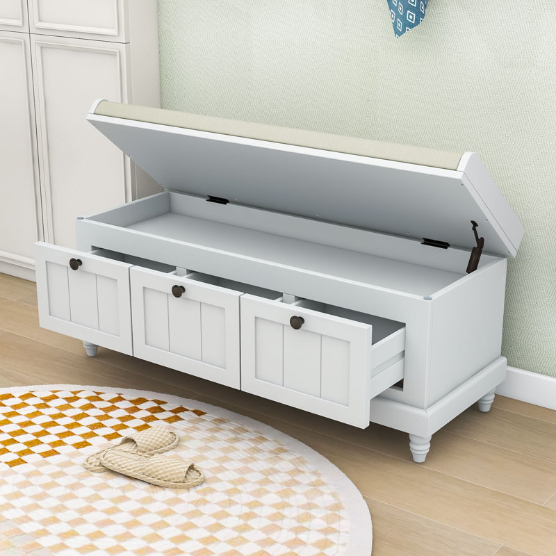 Farmhouse-Style Storage Bench with Drawers, Hidden Compartment, Light Gray