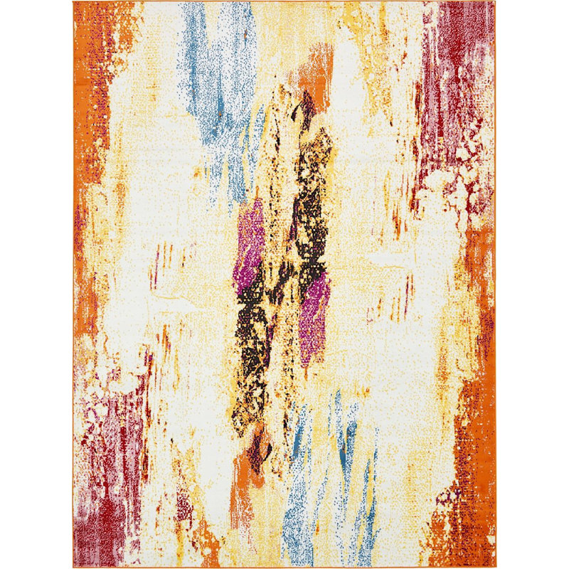 Tapis jaune / rouge à motif abstrait Lockard, Rectangle 9 pi x 12 pi