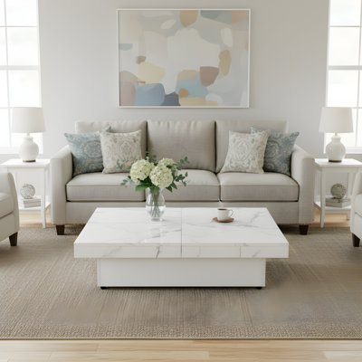 Modern Marble Veneer Coffee Table, Mdf Square Design With Sliding Storage For Home