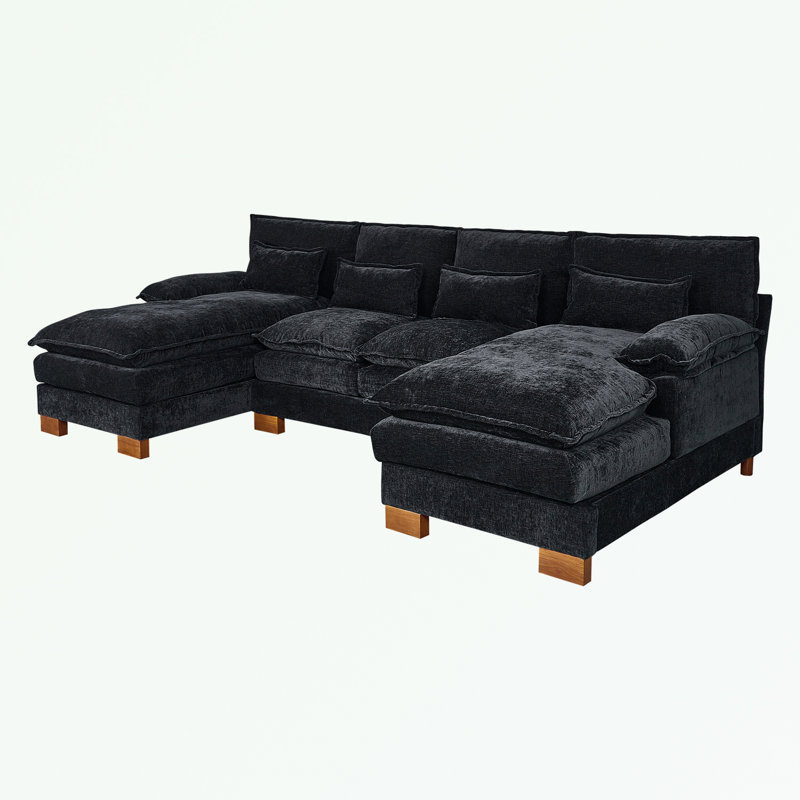 Canapé modulaire en U avec 2 repose-pieds et coussin moelleux, Chenille noir