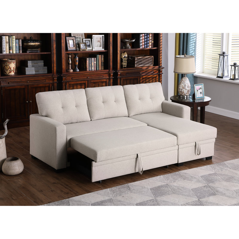 Canapé modulaire rembourré beige avec méridienne - rembourrage en mousse de lin à 3 sièges, coussins de dossier amovibles et rangement pour accueillir et divertir les attentes des visiteurs de nuit