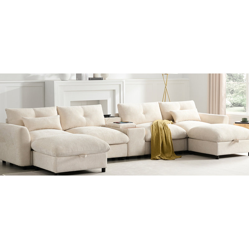 Canapé modulaire à 6 places avec repose-pieds, console et sièges confortables, Beige