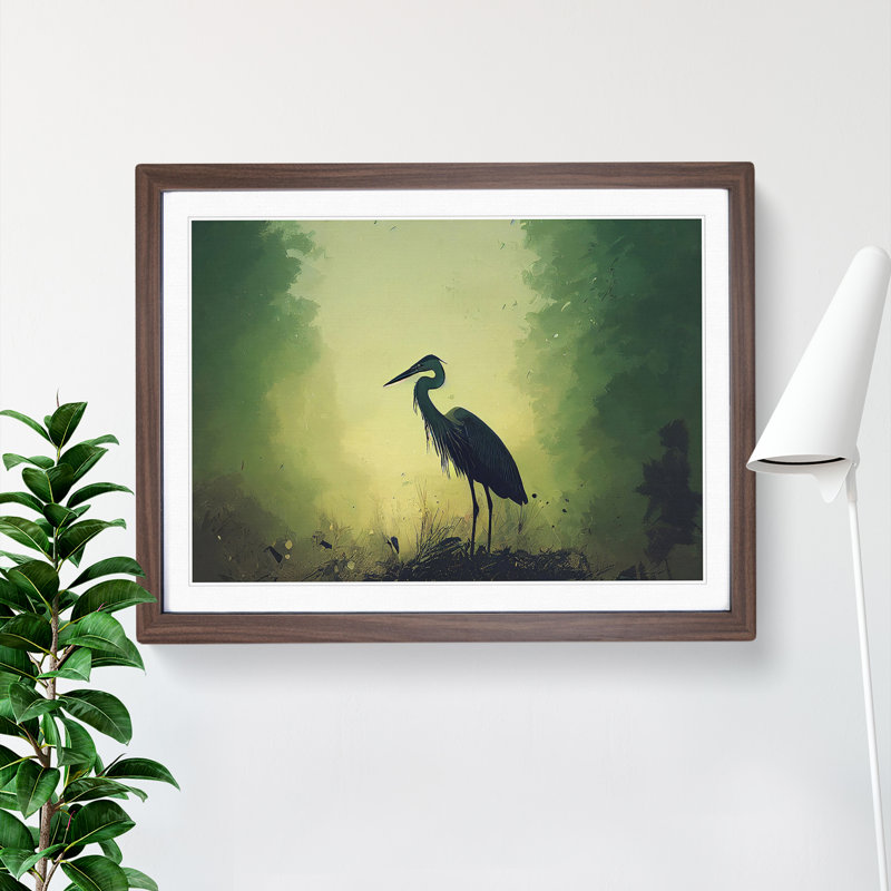 Heron Bird - Single Picture Frame Painting, 34cm H x 46cm W x 2cm D, Walnut