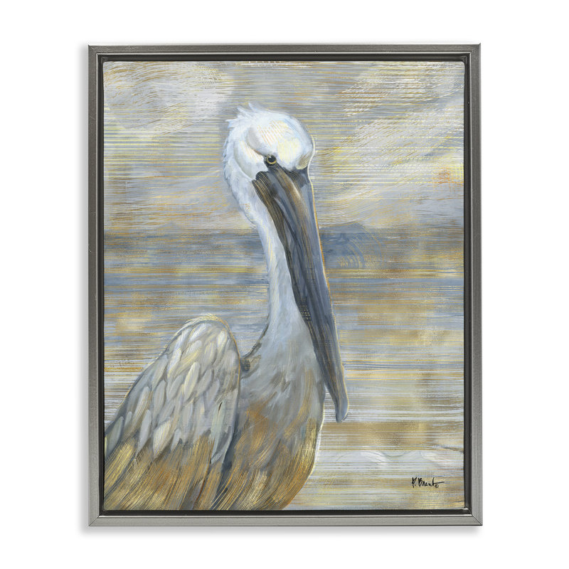 «Coastal Pelican Bird Abstract Portrait», peinture sur toile à cadre flottant, Cadre flottant gris lustré, H 31 po x l 25 po