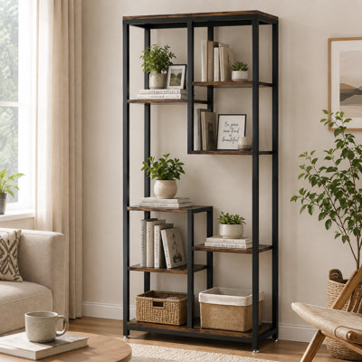8-Tier Industrial Open Bookshelf, 69" H x 31" W x 12" D Freestanding Asymmetrical Display Storage Rack, Black Metal Frame Rustic Wood Grain Bookcase for Living Room, Bedroom, Home Office