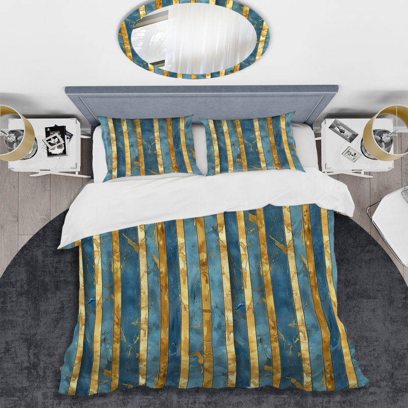 Blue Gold Glam Stripes - Ensemble de housse de couette Glam, Housse de couette pour grand lit + 2 taies décora