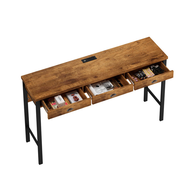 3-Drawer 72-Inch Long Dining Table Set with Built-in Power Outlets Bar Height Kitchen Table & 4 Circular PU Stools Easy Assembly Sturdy Wood Frame for Dining Room & Kitchen