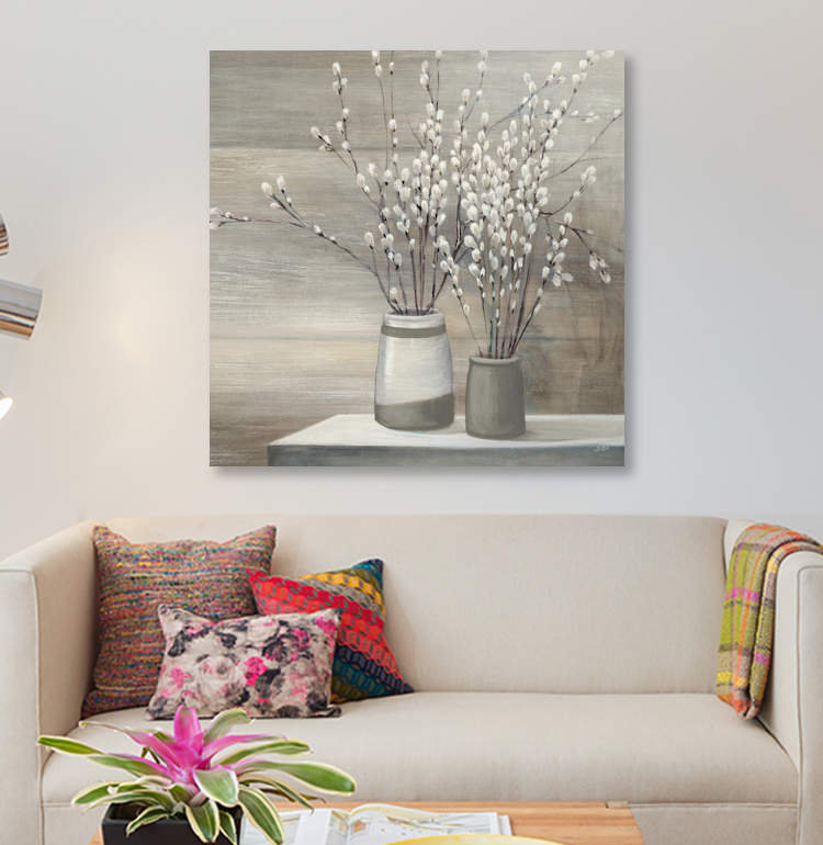 «Pussy Willow Still Life Grey Pots Crop» par Julia Purinton, impression sur toile, H 48 po x l 48 po x P 1,5 po, Toile tendue