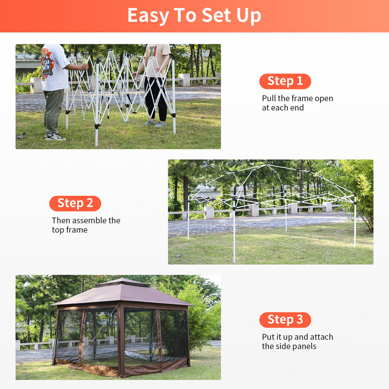 Brown 10'x10' Steel Frame Pop-Up Gazebo with Mosquito Netting