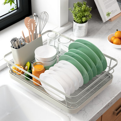 Dish Drying Rack - Compact Dish Rack with Utensil Holder & Adjustable Water Outlet, Rust-Proof & Scratch-Resistant Drying Rack for Kitchen, 15.5" x 12.0" x 5.0", Light Grey