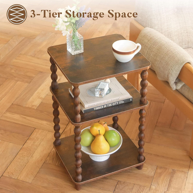 Small 3-Tier Open Shelf Side Table - White (Bedside/Living Room/Bedroom/Office Small Spaces), Rustic Brown