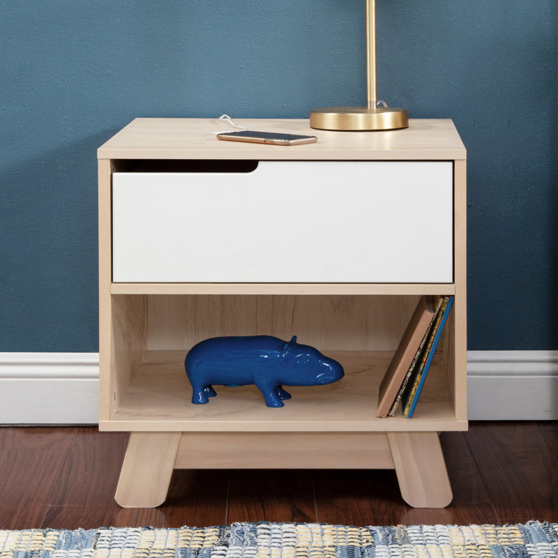 Table de chevet 1 tiroir Hudson avec port USB, Naturel délavé