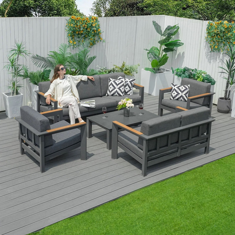 7-Seater Outdoor Lounge Set with Ceramic Glass Coffee Table – Aluminium, Teak Armrests, 12 cm Olefin Cushions