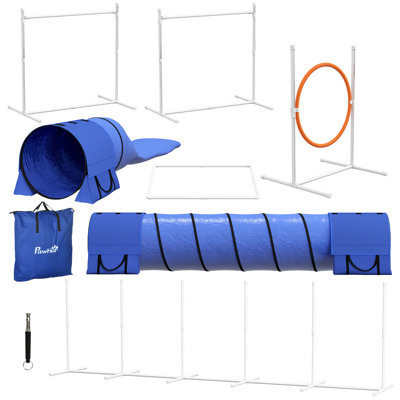 Dog Agility Obstacle Course Set, 126.4" x 24.8" x 36.6", Plastic & Vinyl, 7 Piece, Training Starter Kit with Tunnels & Weave Poles & Hurdles, Blue, Adjustable Jumping Ring and Hurdles