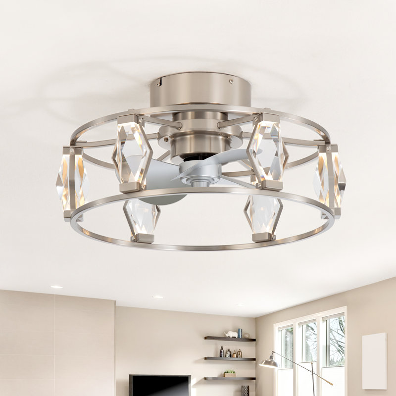 20'' Crystal Small Enclosed Caged Ceiling Fan With Light And Remote, Low Profile Bladeless Ceiling Fan Light Fixture 6 Speed, 3 Reversible Abs Blades And Quiet Motor, Flush Mount For Indoor/covered Outdoor