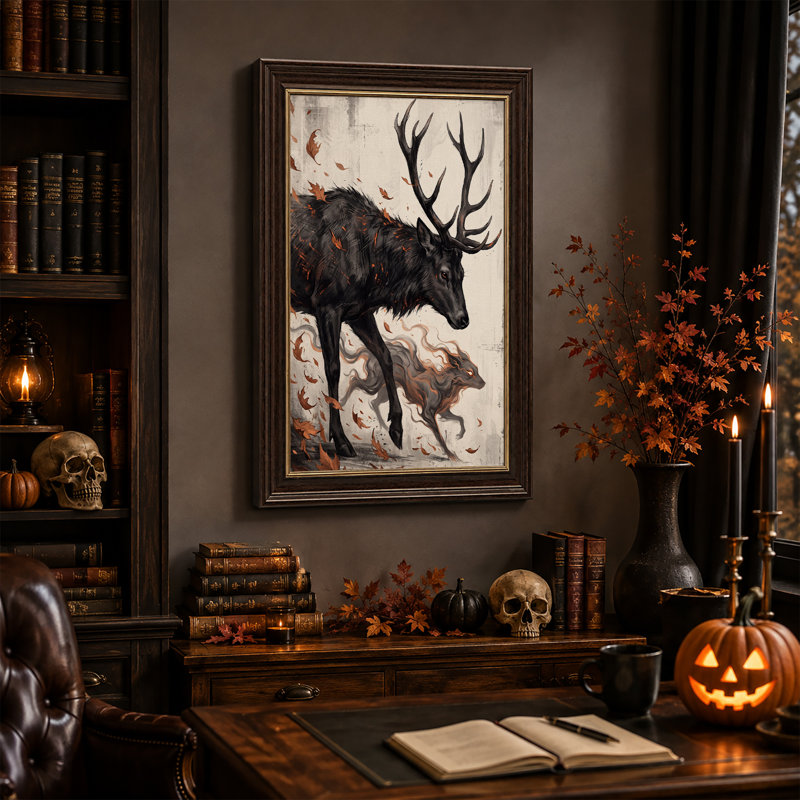 Cerf noir et loup gris parmi les feuilles d'automne - Toile murale d'Halloween, 18"H x 12"W