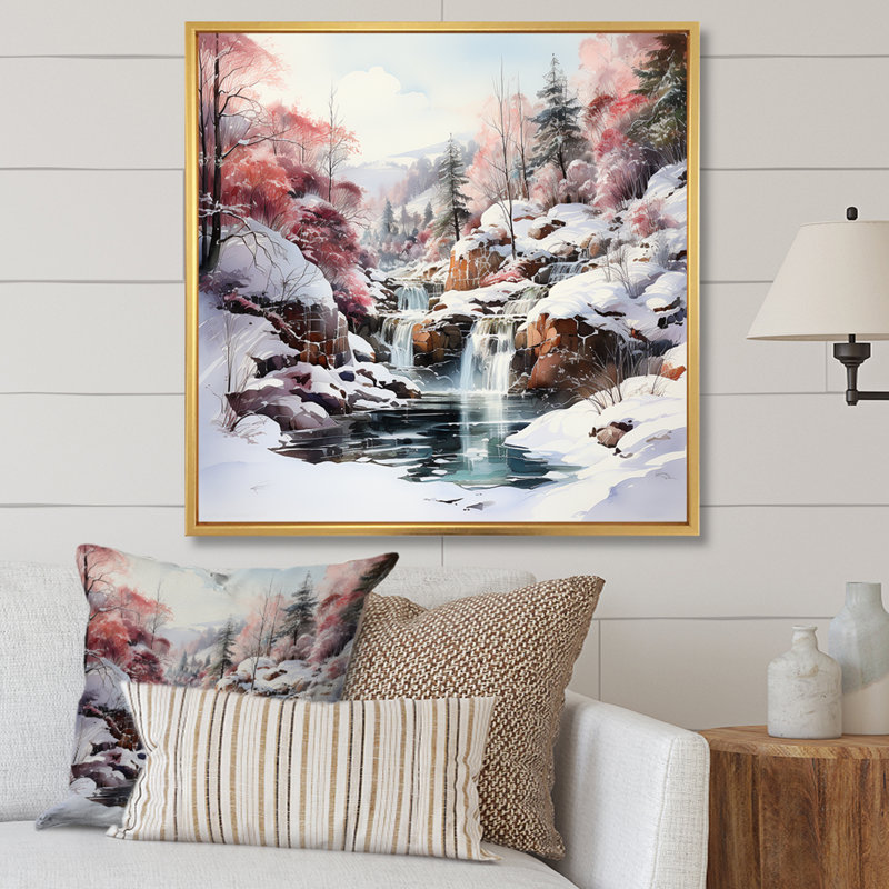 «Waterfall Charm In Winter I», reproduction sur toile, Cadre flottant doré, H 24 po x l 24 po