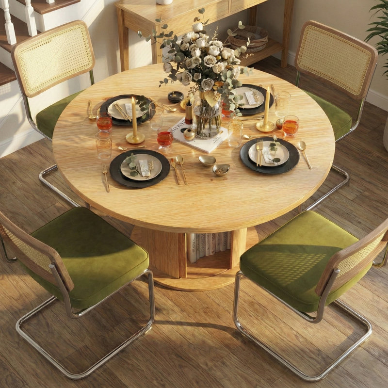 5-piece Round Pedestal Tal Dining Set With Cane Back Cantilever Chairs, Green