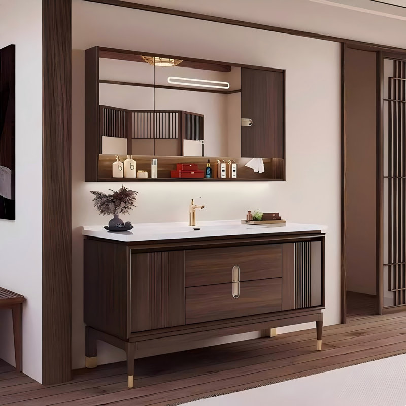 Meuble-lavabo autoportant en bois d'hévéa brun et blanc 44,09 po avec miroir, 44"