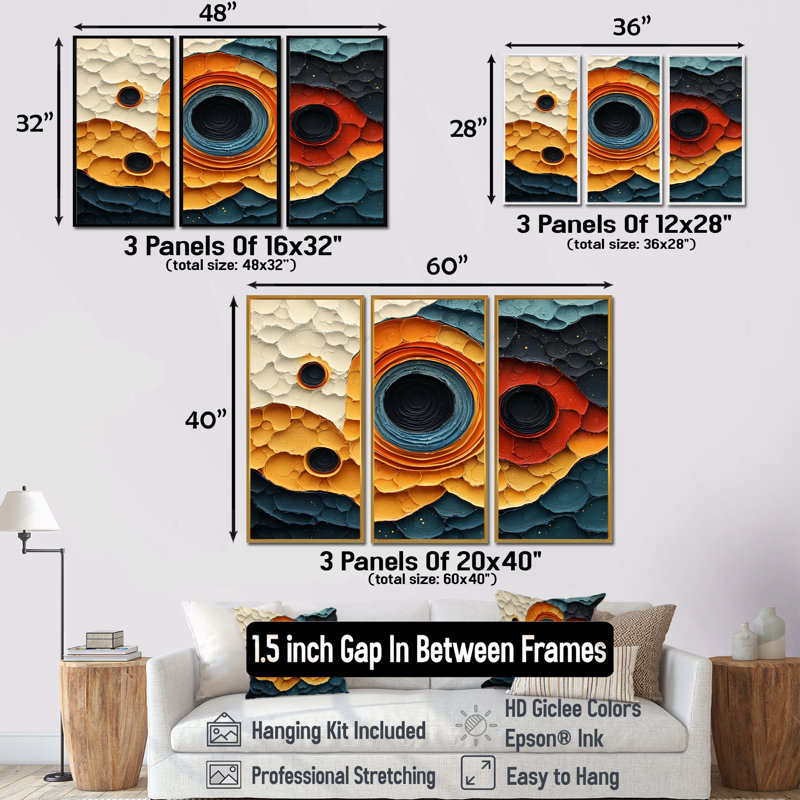 Géométrique, éclipse de biomorphisme, galaxie III - spirales abstraites grand art mural - 3 panneaux, H 32 po x l 48 po, Noir