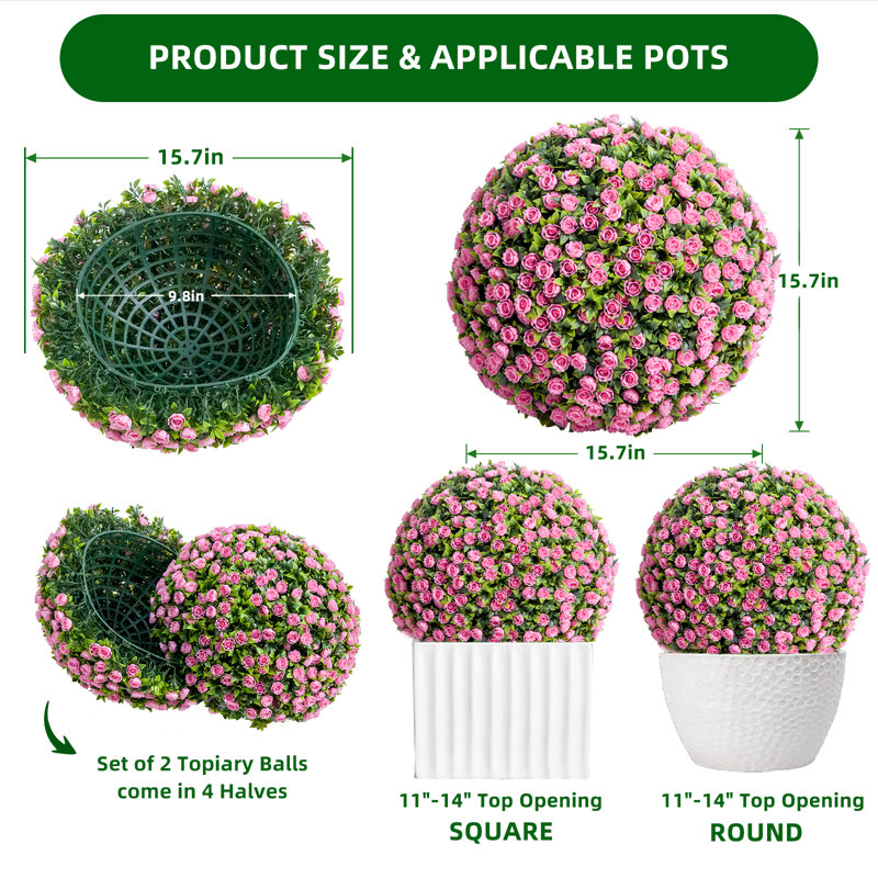 2 boules artificielles en bois de buis résistantes aux rayons UV - boules décoratives topiaires réalistes avec chaînes suspendues et attaches de câble - Peu d'entretien pour le jardin, le patio, le mariage et l'intérieur