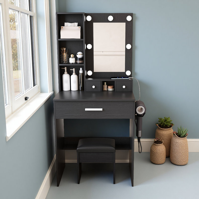 Vanity Table With Mirror & Adjustable LED Lights, Power Outlet, Hairdryer Holder & Stool – Compact Dressing Desk For Small Bedrooms