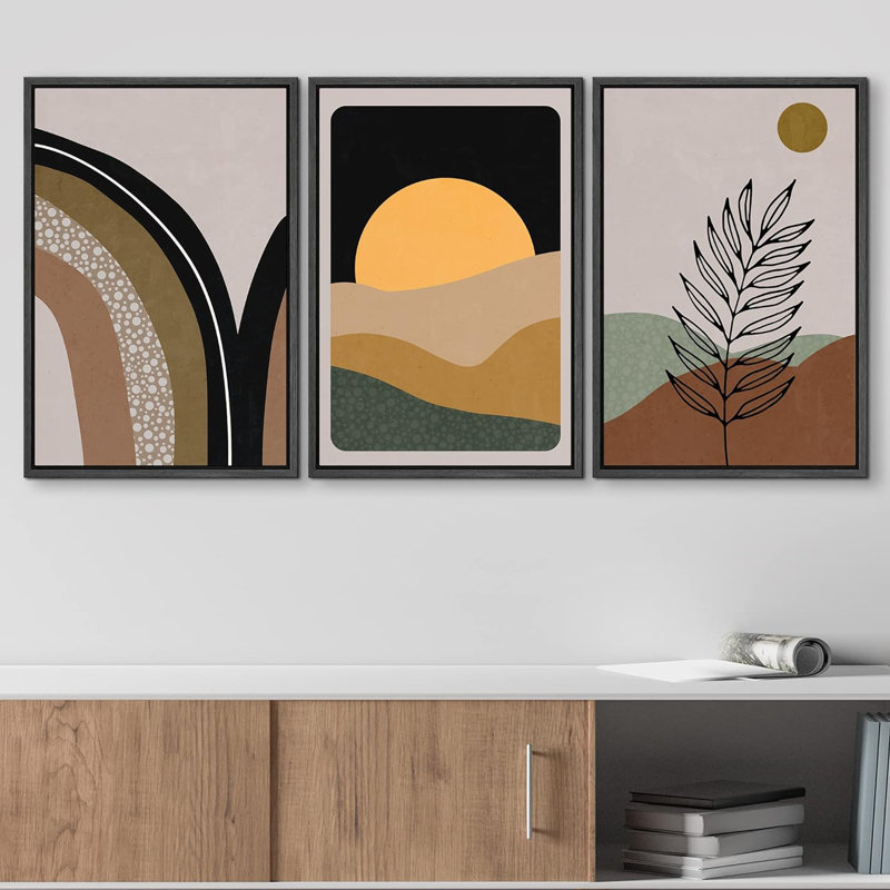 «Boho, géométrique, soleil, forêt, plante, paysages, illustrations abstraites, art moderne, décor bohémien», 3 pièces
