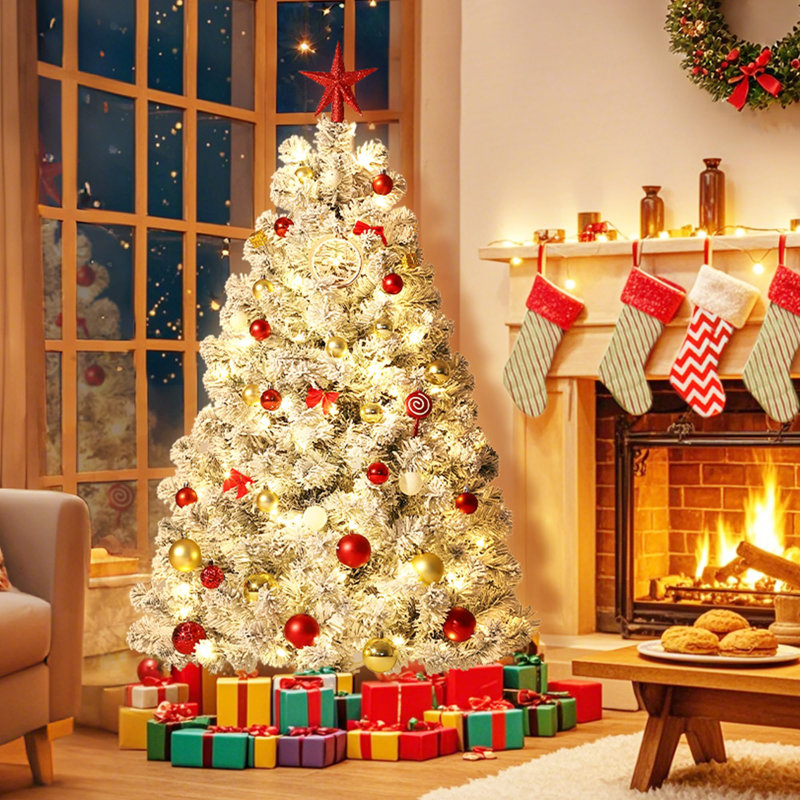 Arbre de Noël artificiel 6 pi avec lumières blanc chaud, matériau floqué réaliste, arbre de Noël festif avec charnières en métal et base pliable