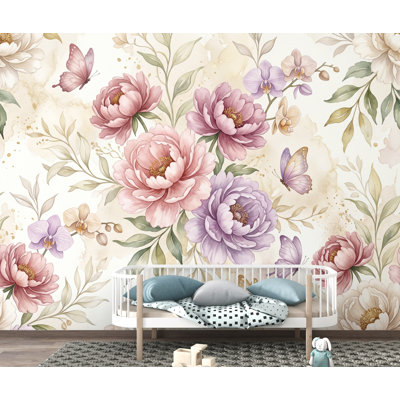 Papier peint élégant avec pivoines et orchidées à l'aquarelle | Murale botanique rosé de luxe | Papier peint floral féminin pour salon de beauté, spa