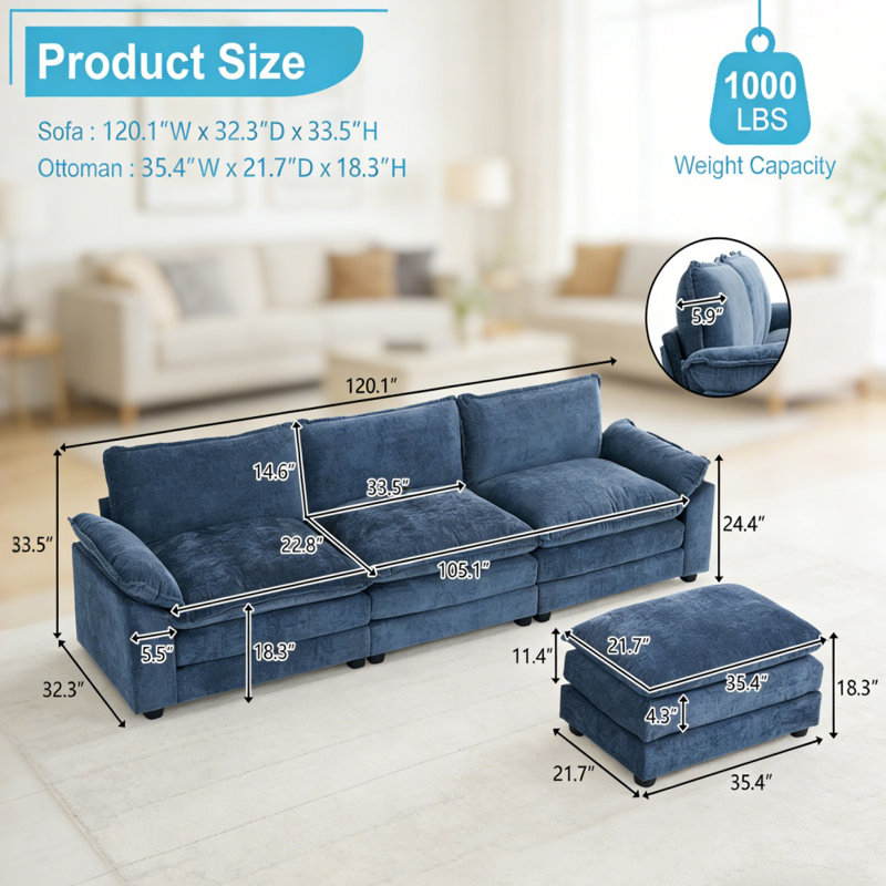 120'' W Blue Chenille Pillow Top Arm Cloud Couch, Blue Chenille