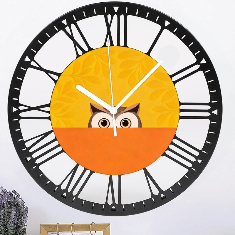 Horloge murale ronde en fer 10 po avec mouvement à quartz silencieux, chiffres romains, impression UV, Hibou