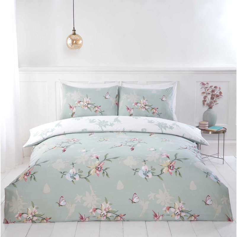 Dupre Microfiber / Polyester Floral Duvet Cover with Pillowcases, Green, Single Duvet Cover + 1 Standard Pillowcase