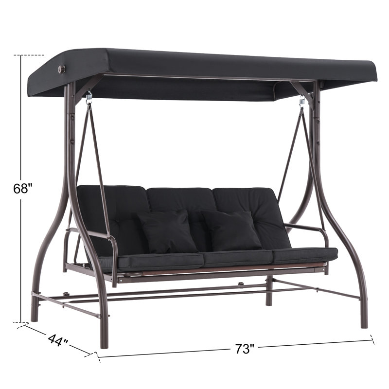 Black 3-Seat Outdoor Patio Swing Chair with Adjustable Backrest
