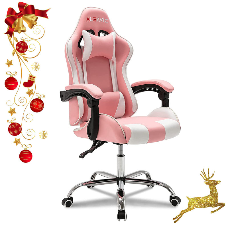 XINMICS Adjustable Reclining Ergonomic Faux Leather Swiveling PC & Racing Game Chair, Pink/White