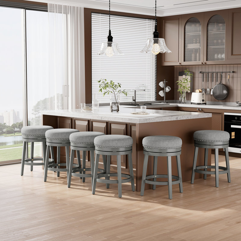 Upholstered Swivel Solid Wood Frame Bar Stool, Gray