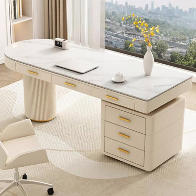 55.12" White+Creamy-white Half-circle Sintered Stone+Manufactured Wood with 6 drawers desk
