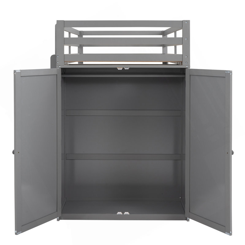 Lit mezzanine simple avec tiroirs, bureau et garde-robe gris