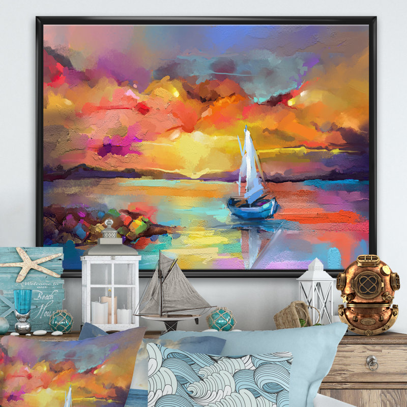 Coucher de soleil, peinture avec reflets colorés II - reproduction d'art sur toile, H 12 po x l 20 po, Toile encadrée, Black