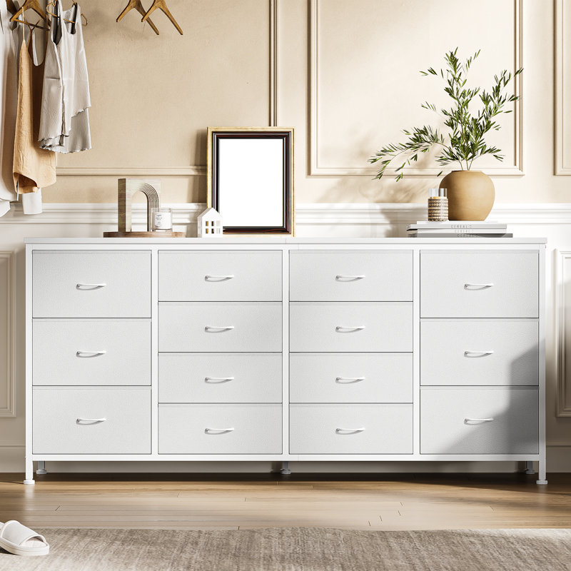 Meuble télé moderne avec commode de 63 po avec 14 tiroirs et prises de courant Modern, Blanc