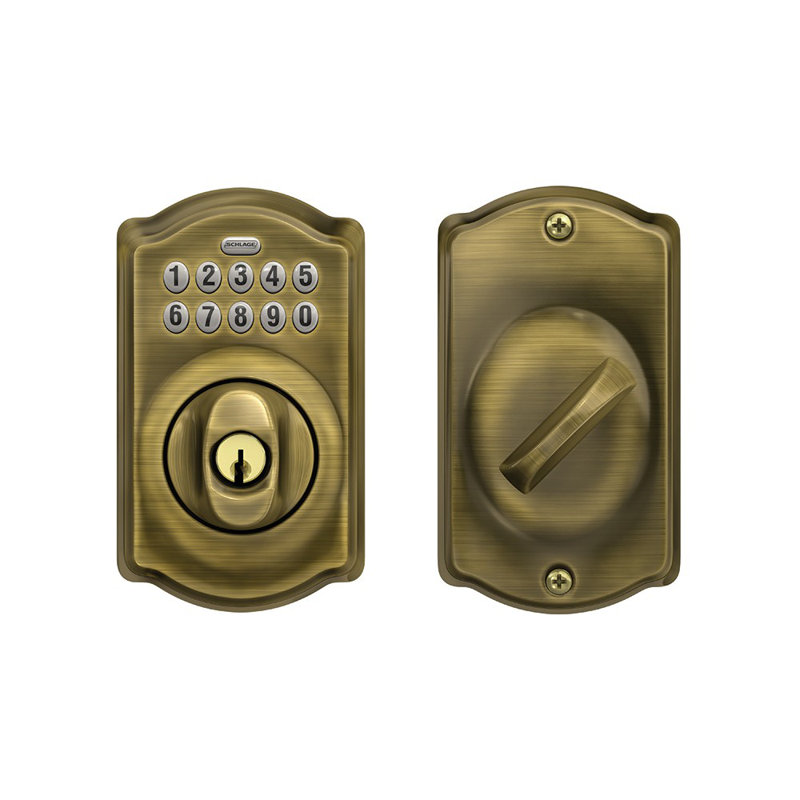 Schlage Keypad Deadbolt with Camelot Trim, Antique Brass, Yes