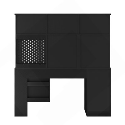Bureau en L avec chargeur, bureau d'ordinateur avec tiroirs, bibliothèque et bahut avec lumière DEL